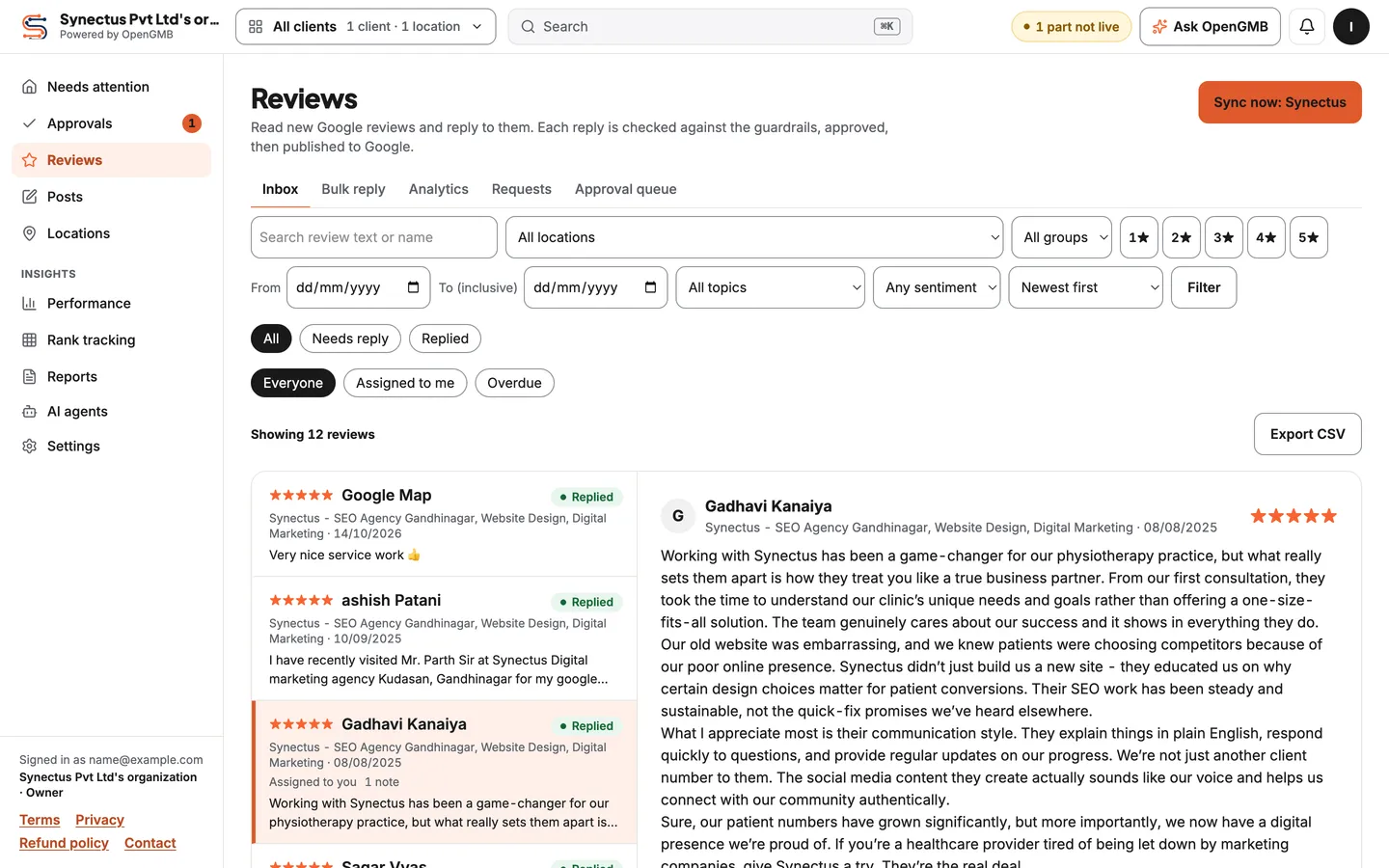 The OpenGMB reviews inbox with filters, replied badges and a review assigned to a teammate