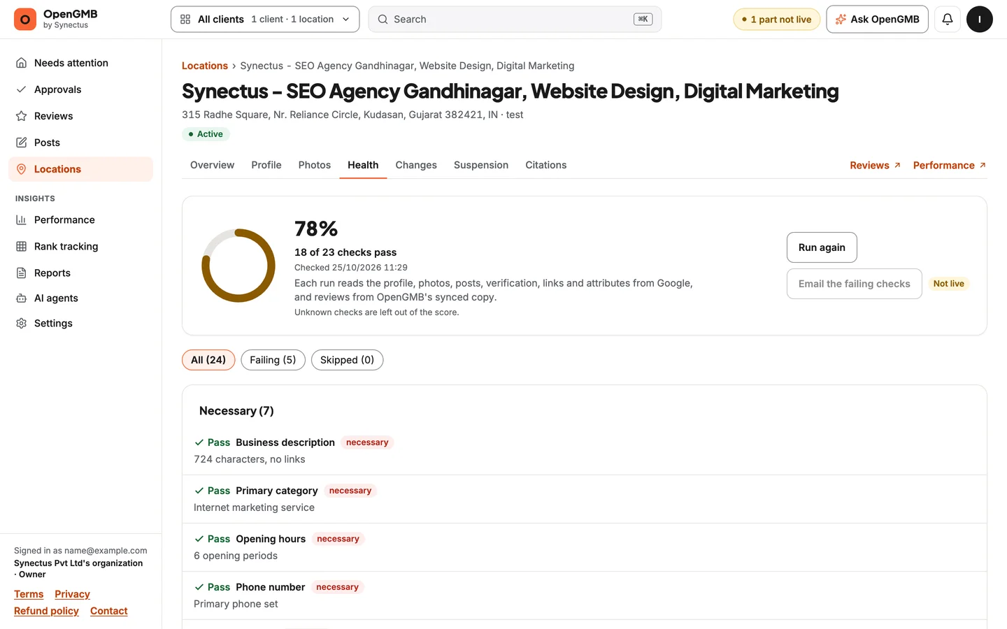 The location health page with a score ring and a list of passing and failing checks