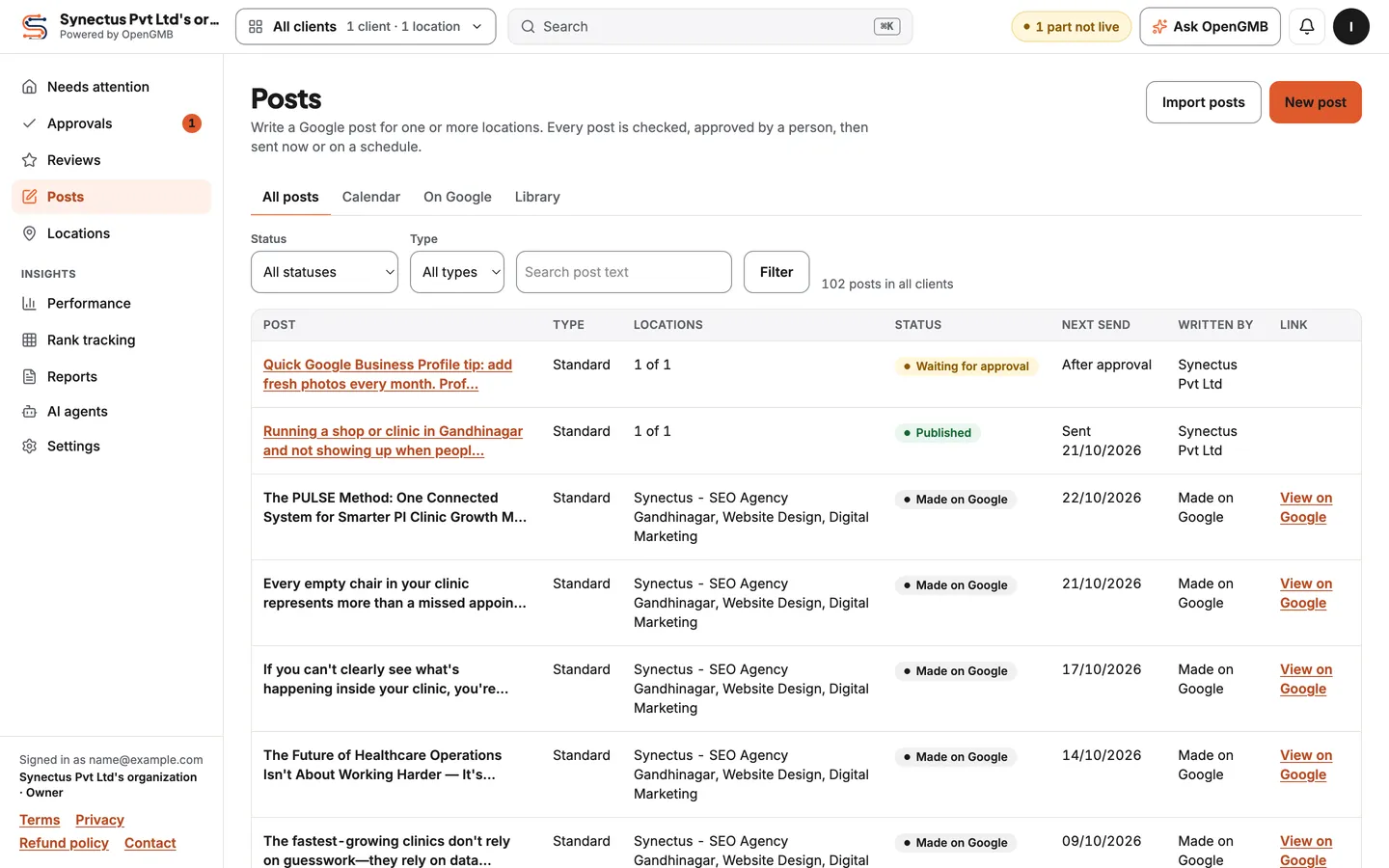 The posts list with drafts waiting for approval, published posts and posts made on Google