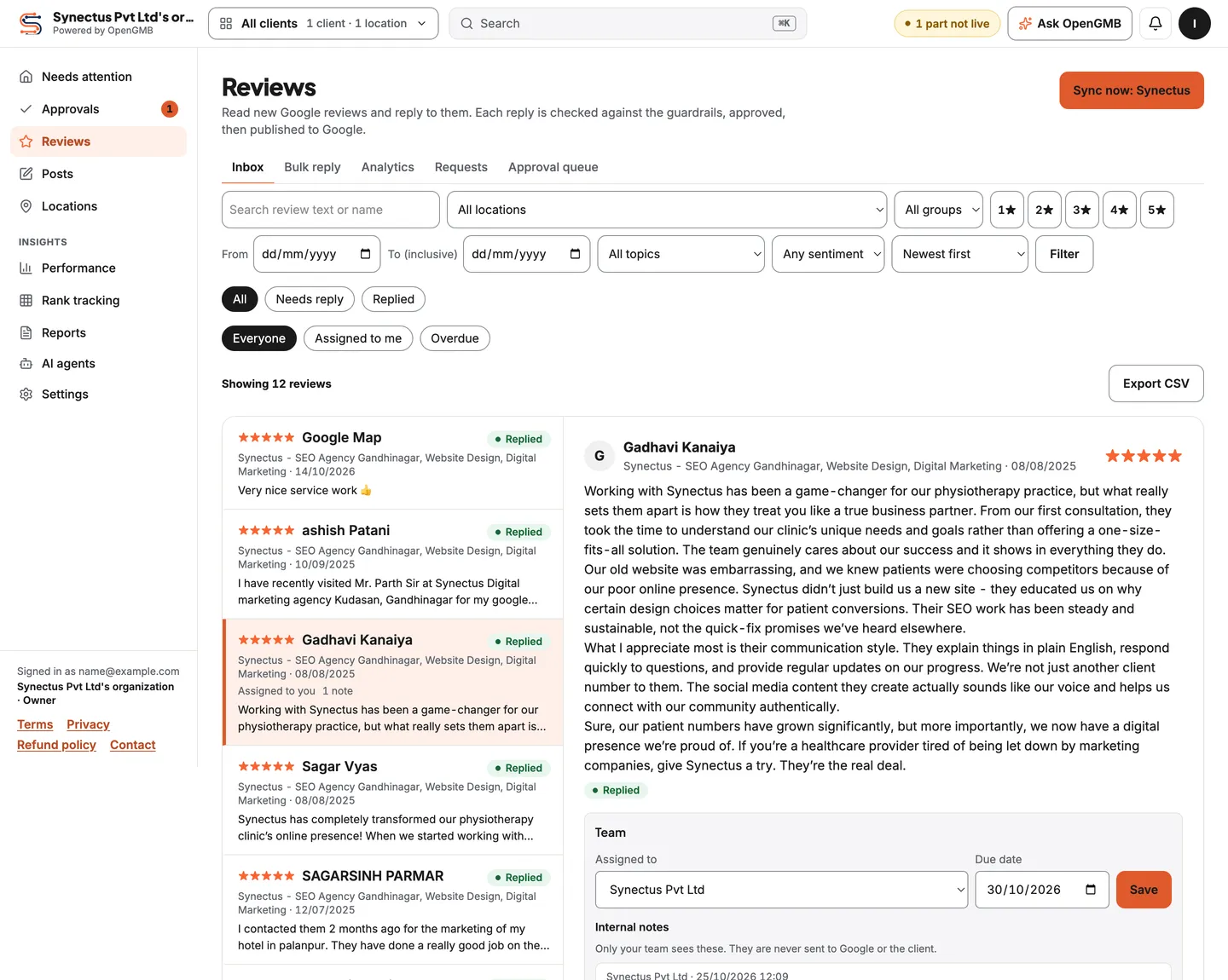 A five-star review with its assignee, due date and an internal note
